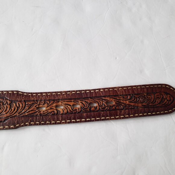 Tony Lama Western Rodeo Tooled Leather Belt Silver Turquoise Buckle main image 5